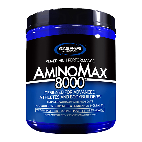 Gaspari Nutrition AminoMax 8000 is a super high performance amino acid supplement in tablet form, designed for advanced athletes and bodybuilders, with 325 tablets per container. The packaging is predominantly blue and black.