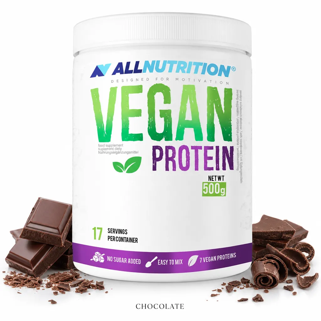Allnutrition Vegan Protein 500g chocolate flavour plant-based protein powder with a blend of seven vegan proteins, no added sugar, and 17 servings per container.