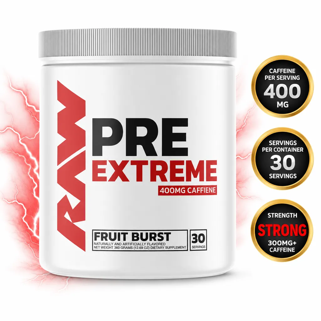 RAW Nutrition RAW Pre Extreme fruit burst pre-workout powder, 30 servings, 400 mg caffeine per serving