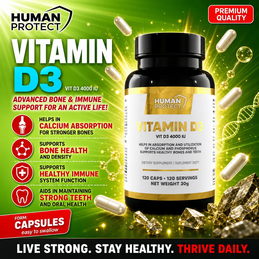 Human Protect Vitamin D3 4000 IU capsules, a dietary supplement for bone and immune support, 120 caps bottle, with gold and green design elements.