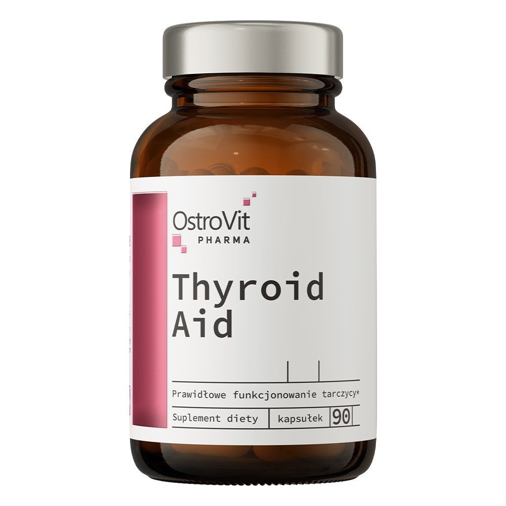 OstroVit Pharma Thyroid Aid 90 kapsułek dietary supplement for thyroid support, in a brown glass bottle with a white and pink label.
