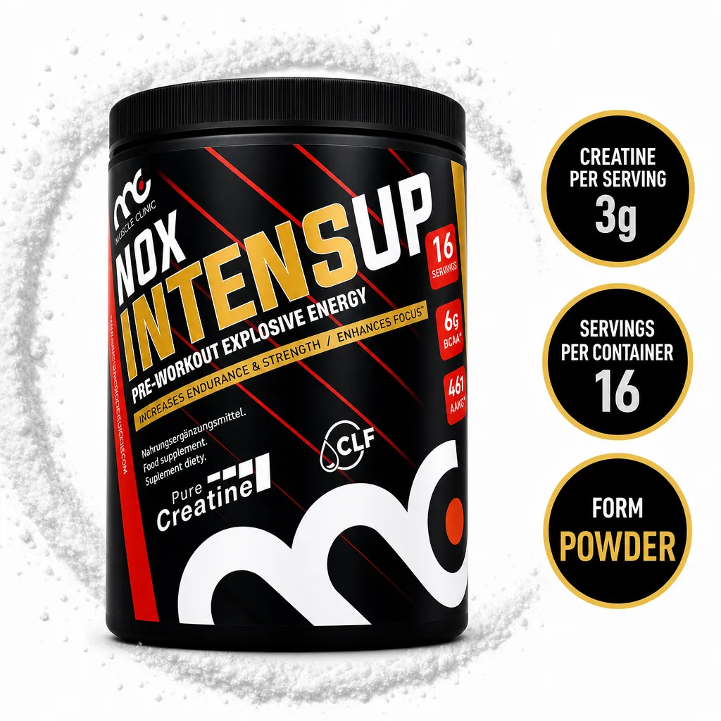 Muscle Clinic NOX IntenseUp 640g pre-workout powder supplement with cherry flavour, creatine, BCAAs and 16 servings
