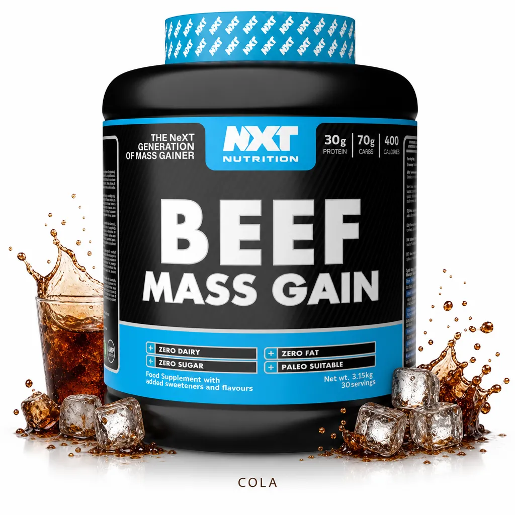 NXT Nutrition Beef Mass 3150g mass gainer supplement, cola flavour, featuring beef protein isolate, zero dairy, zero sugar, and zero fat for clean bulking.