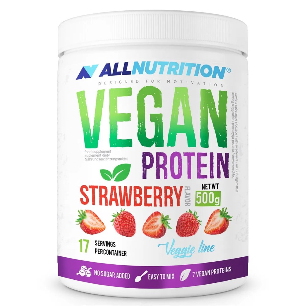 Allnutrition Vegan Protein 500g plant-based protein powder in a branded pouch, likely with green and white design elements