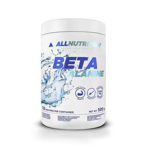 AllNutrition Beta Alanine 500g endurance supplement, unflavoured powder, white and blue packaging, 125 servings per container, sports nutrition product.