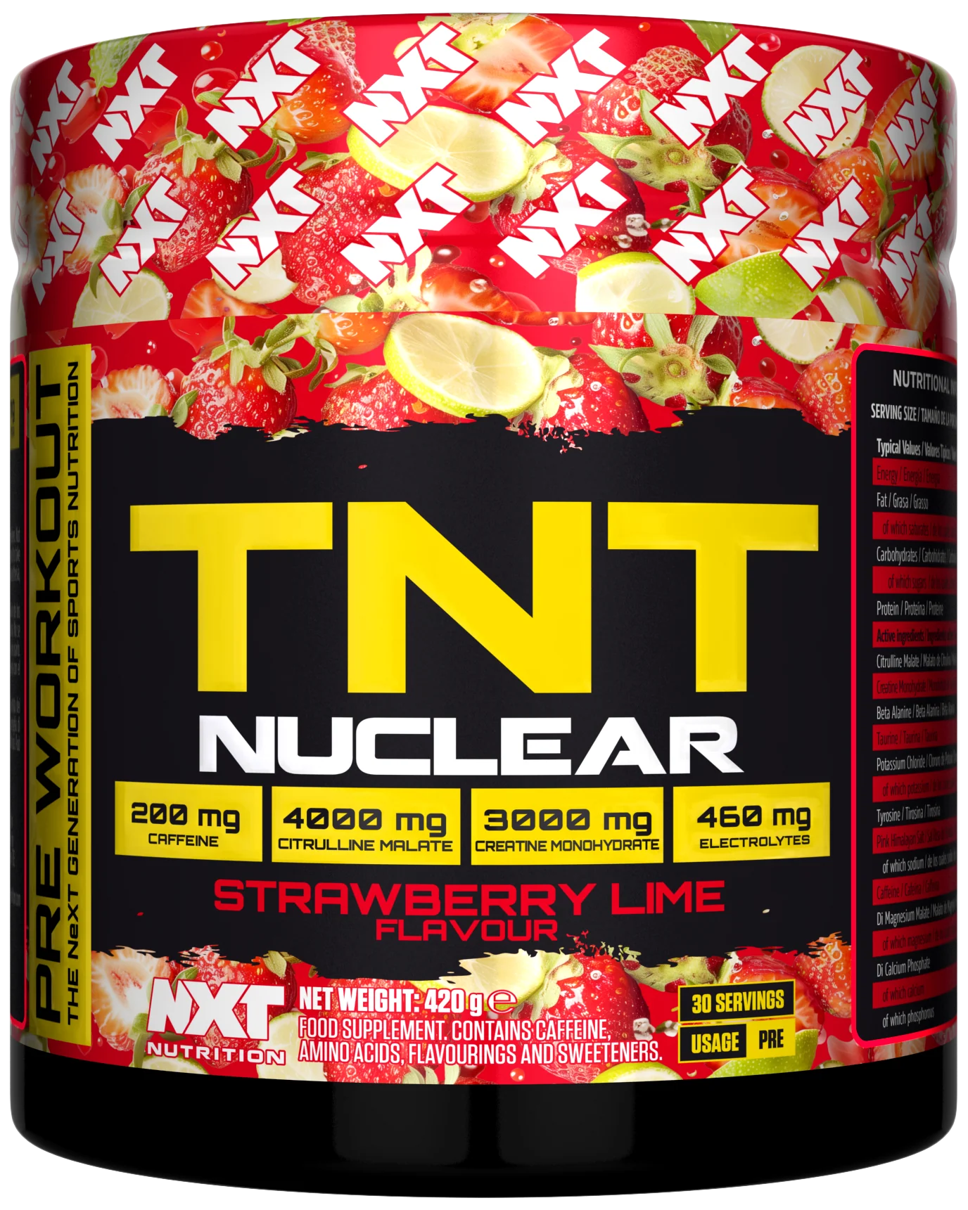 NXT Nutrition TNT Nuclear 420g tub with close-up of the nutrition facts and ingredients panel on the label.