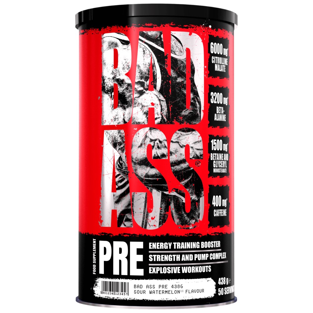 Bad Ass Pre is a 438g pre-workout supplement in sour watermelon flavour, designed as an energy training booster with strength and pump complex, containing citrulline malate, beta-alanine, betaine, and caffeine.