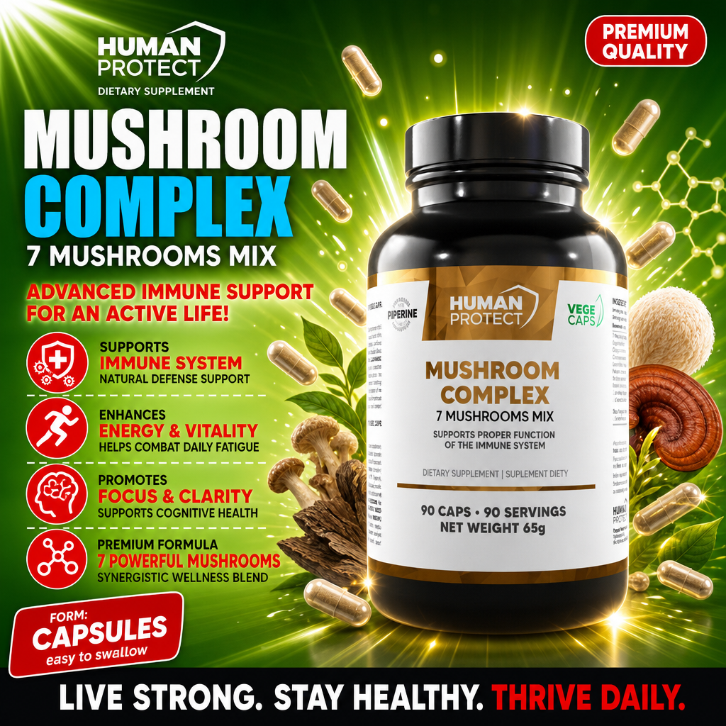 Human Protect Mushroom Complex 90 Caps bottle, white plastic container with label showing seven mushroom blend