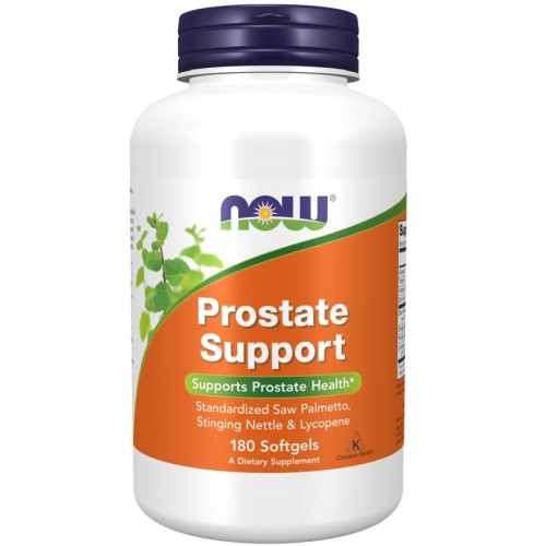 NOW Prostate Support 180 Softgels dietary supplement for prostate health, featuring standardized saw palmetto, stinging nettle, and lycopene in a white bottle with orange and green label.