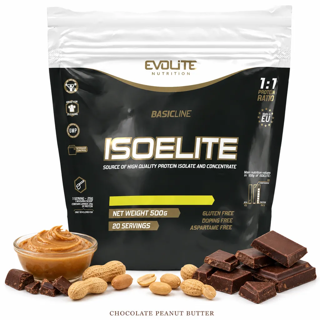 Evolite Nutrition IsoElite 500g whey protein powder, chocolate peanut butter flavour, featuring a 1:1 blend of isolate and concentrate, gluten free, 20 servings.