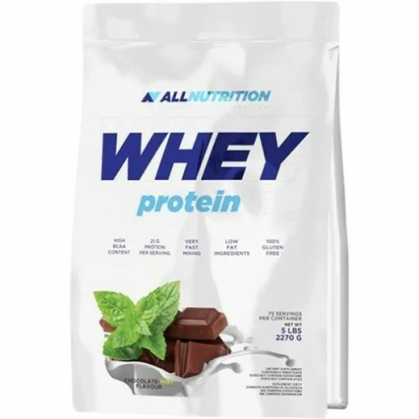 Allnutrition Whey Protein chocolate flavour, 2270g bag, high BCAA content, 21g protein per serving, low fat, gluten free, with chocolate and mint imagery on white packaging.