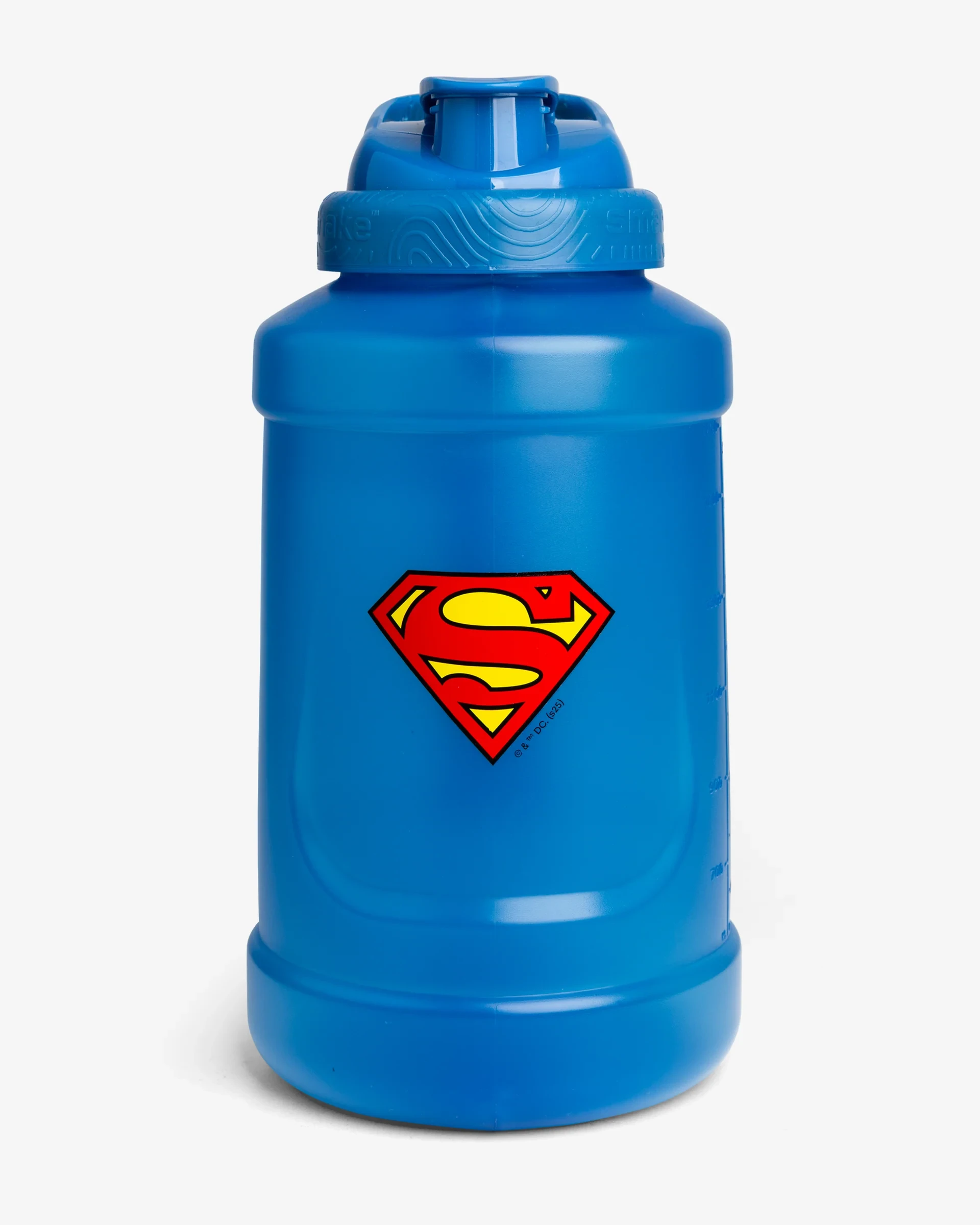 SmartShake Ultimate Jug DC Comics Superman 2100ml, a large blue shaker jug with the iconic Superman logo, featuring a secure snap-on cap and ergonomic handle.