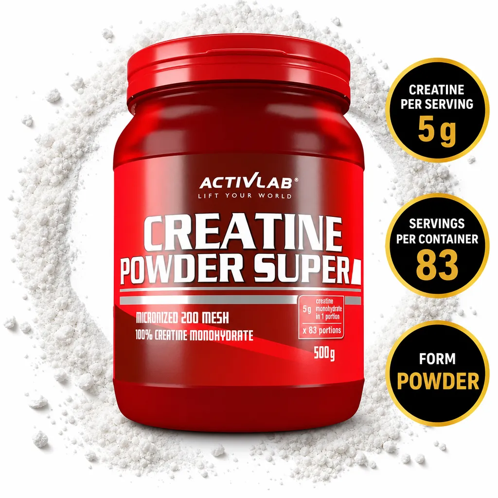ActivLab Creatine Powder Super 500g, micronized creatine monohydrate powder in a red container