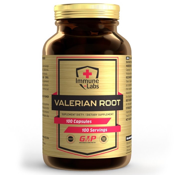 Immune Labs Valerian 450mg capsules, small gelatin capsules shown outside the bottle