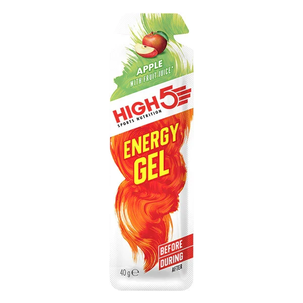 High5 Sports Nutrition Energy Gel Apple 40g sachet, fast-acting carbohydrate gel with real fruit juice, suitable for vegans and vegetarians, designed for endurance sports.