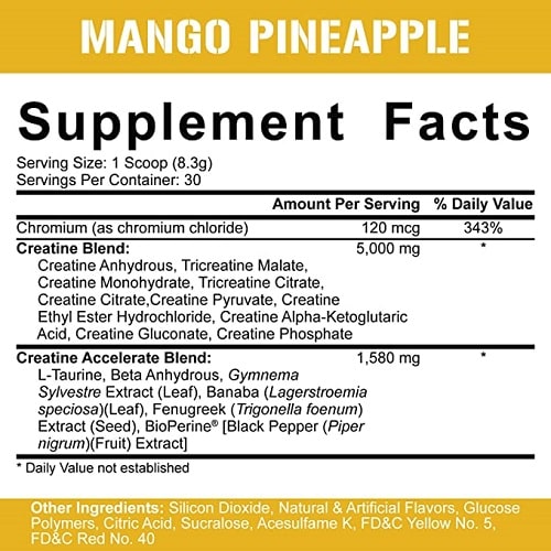 5% Nutrition Crea-Ten Mango Pineapple creatine supplement, 30 servings, with a blend of creatine types and additional support ingredients, supplement facts panel shown.