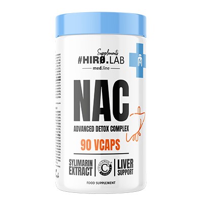 Hiro Lab NAC Advanced Detox Complex 90 Vcaps is a food supplement with silymarin extract for liver support, presented in a white container with blue accents.