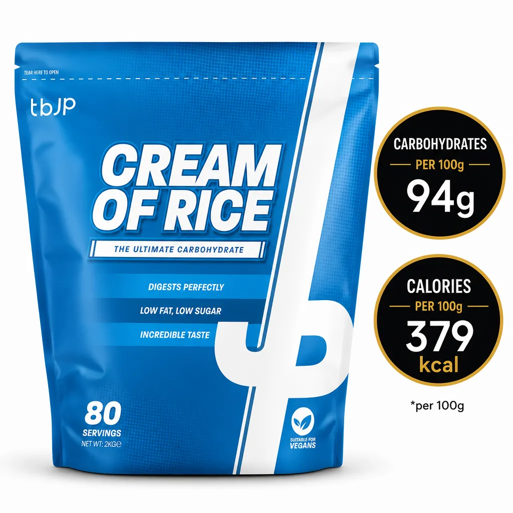 Trained by JP Nutrition Cream of Rice 2000g carbohydrate supplement in a blue pouch, with 80 servings and vegan suitability.