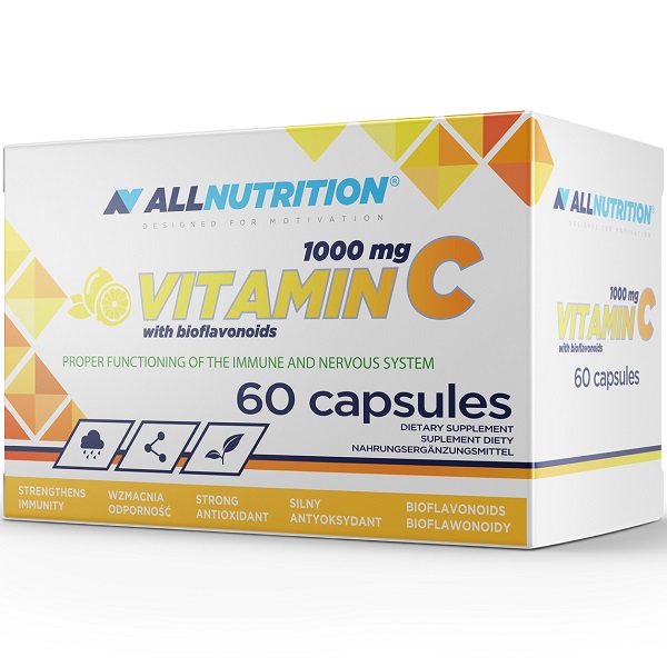 Allnutrition Vitamin C 1000 mg with Bioflavonoids dietary supplement, 60 capsules, supports immune and nervous system, strong antioxidant, white and orange packaging.