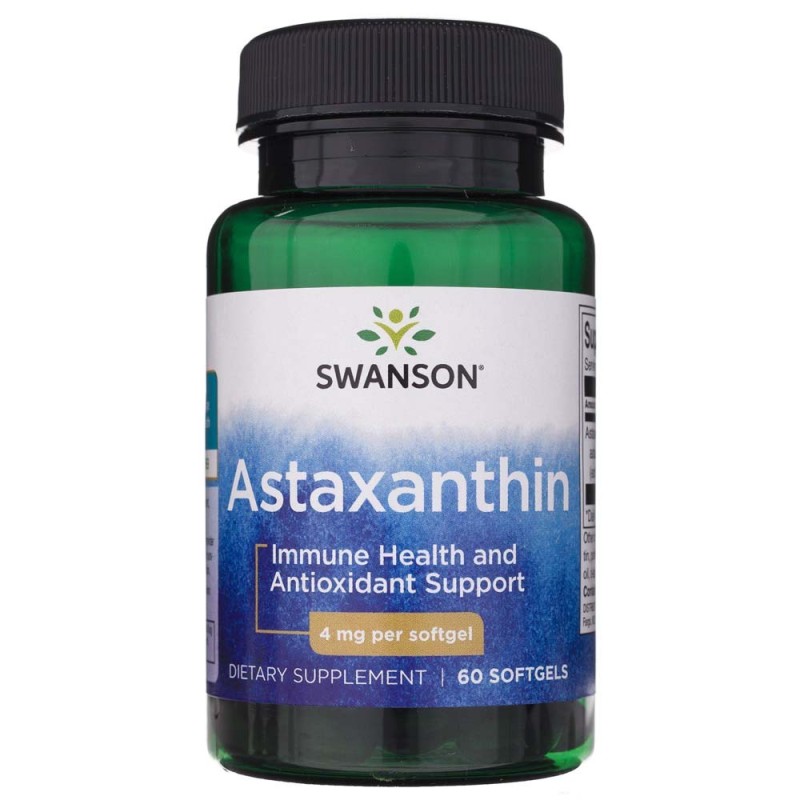 Swanson Astaxanthin 4mg 60 softgels dietary supplement for immune health and antioxidant support in a green bottle with a black cap.