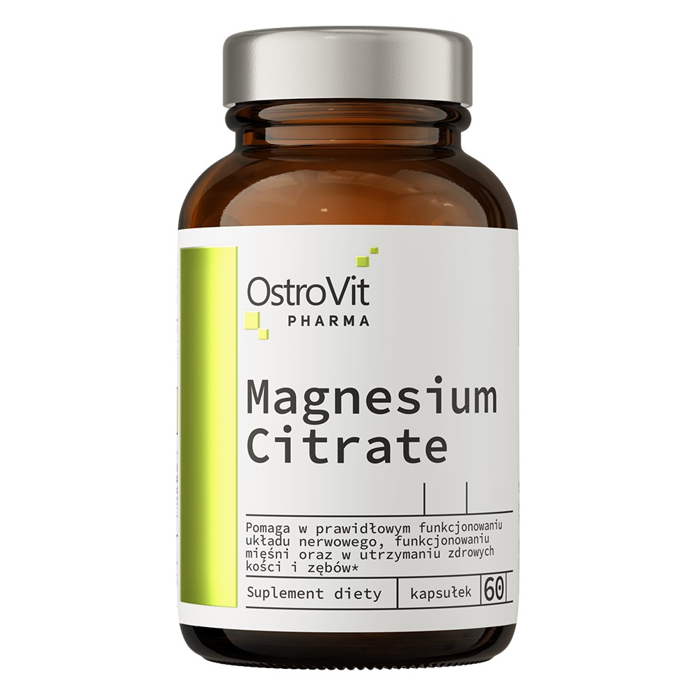 OstroVit Pharma Magnesium Citrate, dietary supplement in a bottle containing 60 capsules, supports nervous system and muscle function, white and green label.