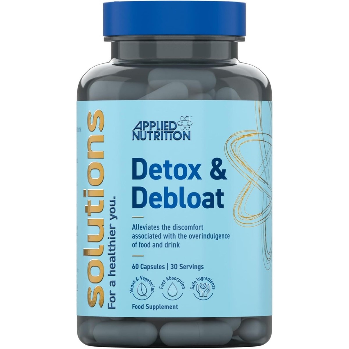 Applied Nutrition Detox & Debloat 60 Capsules food supplement for alleviating discomfort from overindulgence, vegan and vegetarian, fast absorption, blue label.