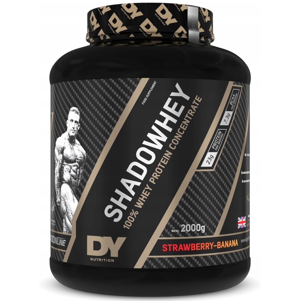 Dorian Yates Shadowhey 2000g whey protein powder in a large black container with DY Nutrition branding