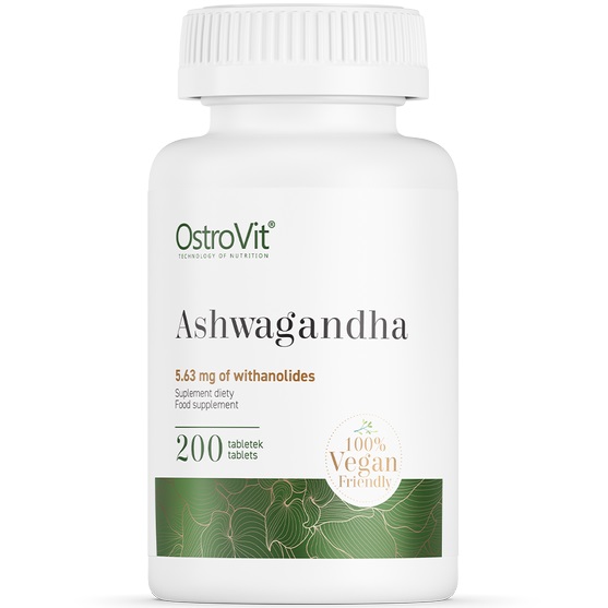 OstroVit Ashwagandha 200 tablets vegan-friendly dietary supplement with 5.63 mg of withanolides, in a white bottle with green accents.