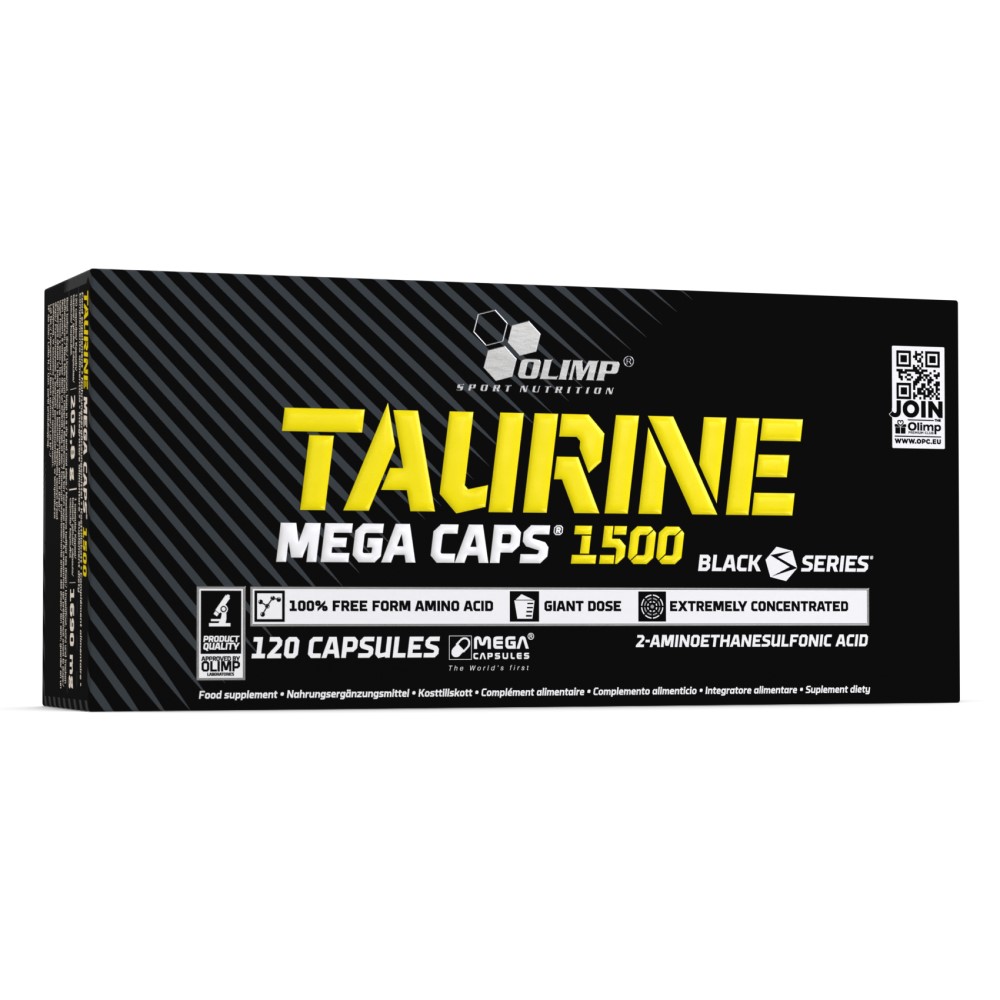 Olimp Taurine Mega Caps 1500mg 120 Caps bottle with blue, white, and silver label, showing supplement details