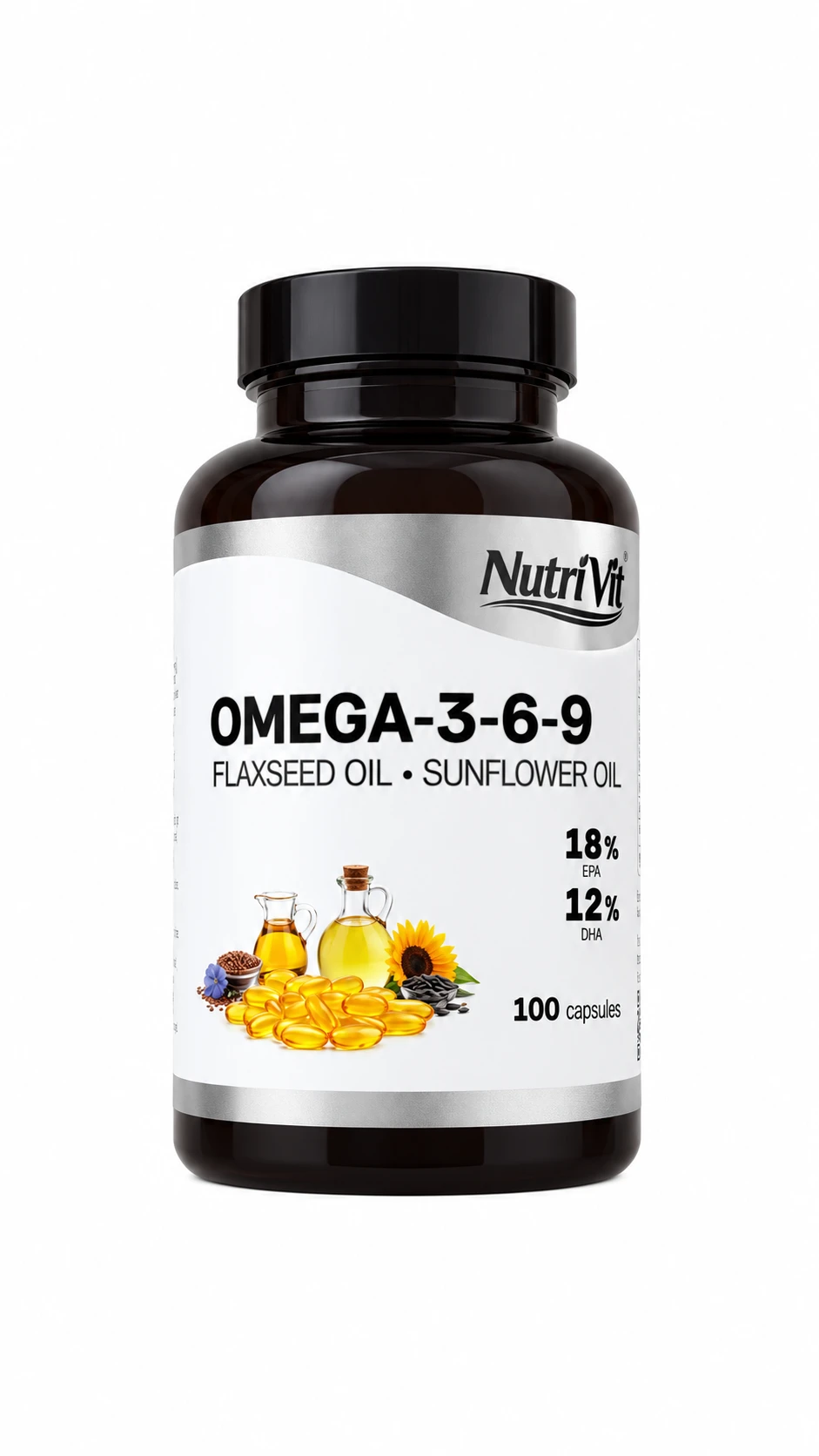 NutriVit Omega-3-6-9 fatty acid supplement with flaxseed and sunflower oils, 100 capsules, in a dark amber bottle.