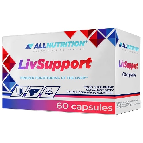 Allnutrition LivSupport 60 capsules liver support food supplement in a white box with red and blue geometric accents.