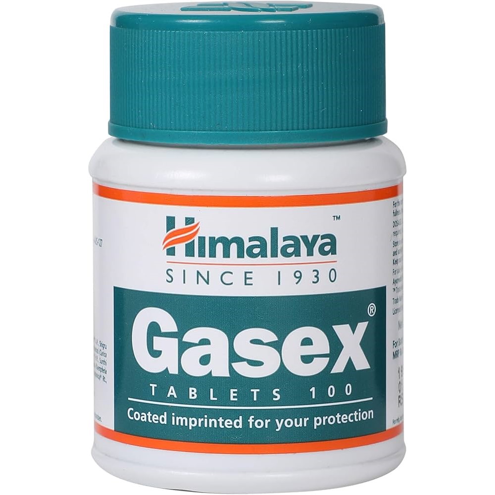 Himalaya Gasex Tablets 100 is a digestive wellness supplement in tablet form, designed to support healthy digestion and relieve gas. The bottle is white with a green cap and label.