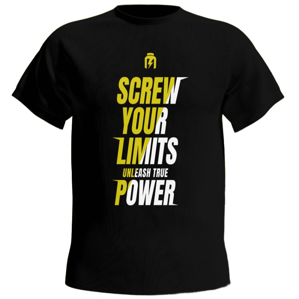 Hiro Lab T Shirt Screw Your Limits black athletic t-shirt with motivational slogan in yellow and white text, suitable for sports or casual wear.
