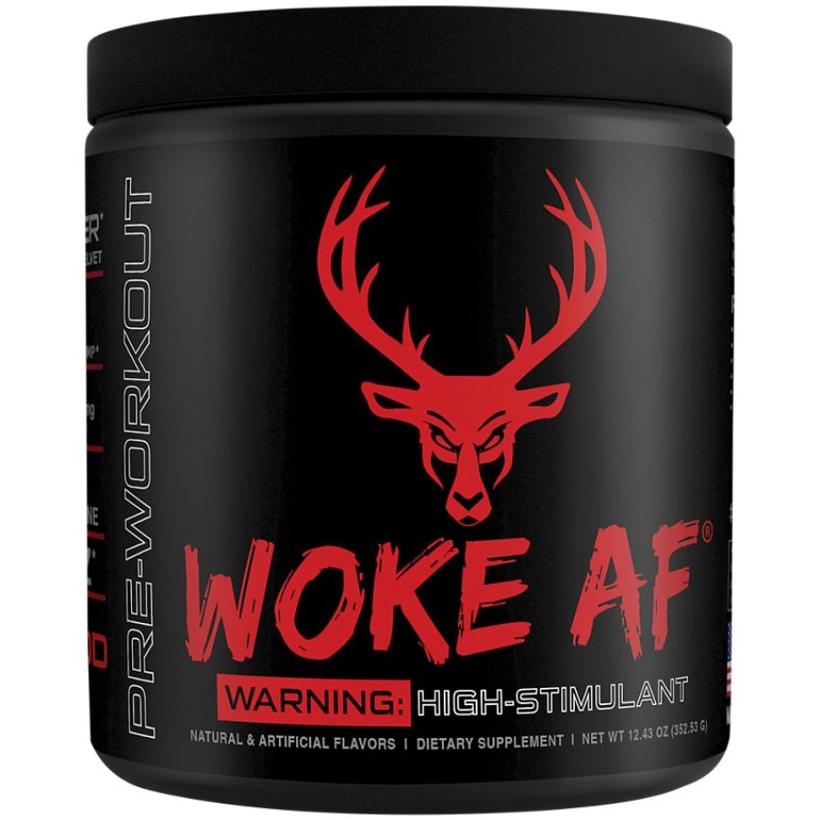 Bucked Up Woke AF Pre-Workout high-stimulant dietary supplement, 352.53g black container with red deer logo and bold red text
