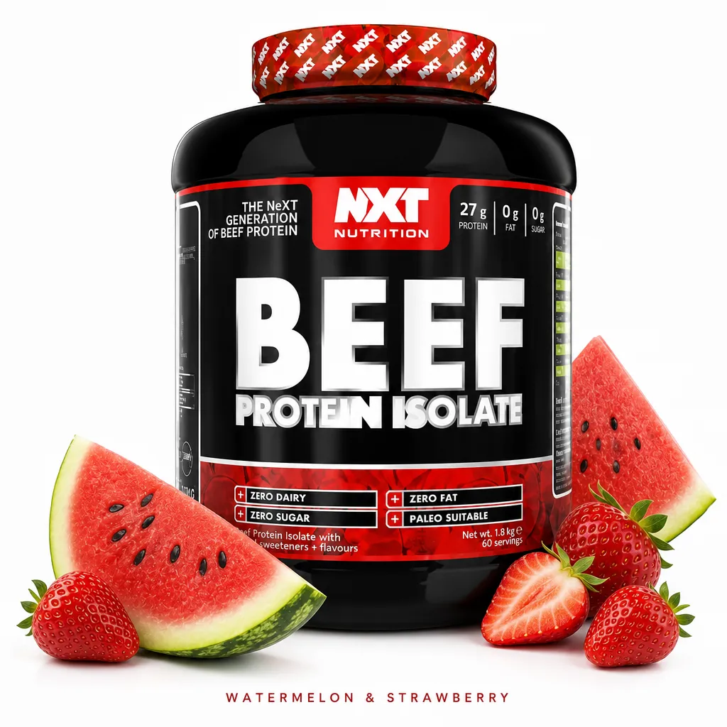 NXT Nutrition Beef Protein Isolate 1800g in a black tub, Watermelon & Strawberry flavour, with 27g protein per serving