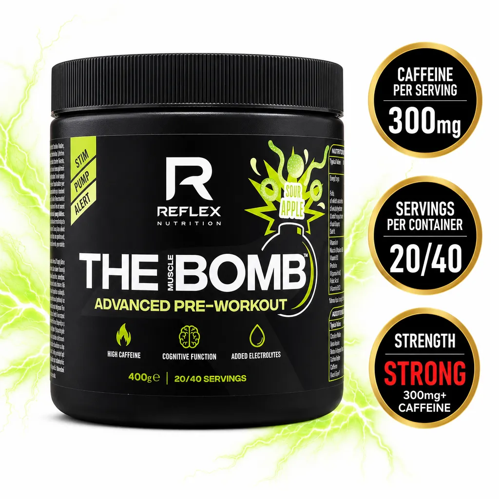 Reflex Nutrition The Muscle Bomb Advanced Pre-Workout 400g, Sour Apple pre-workout powder in a black tub