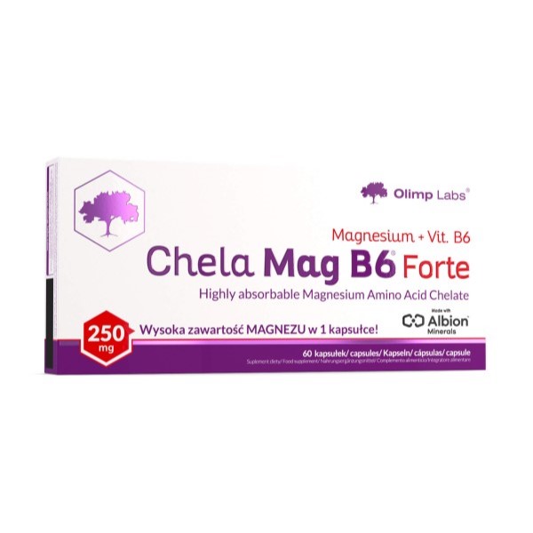 Olimp Chela Mag B6 Forte 60 capsules, magnesium and vitamin B6 supplement with 250mg per capsule, highly absorbable magnesium amino acid chelate, purple and white packaging.