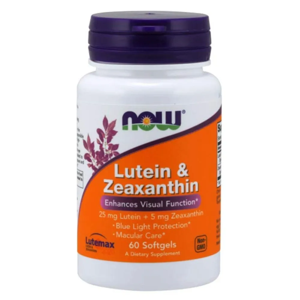 NOW Foods Lutein & Zeaxanthin 60 softgels dietary supplement for visual function, blue light protection, and macular care, in a white bottle with orange label.