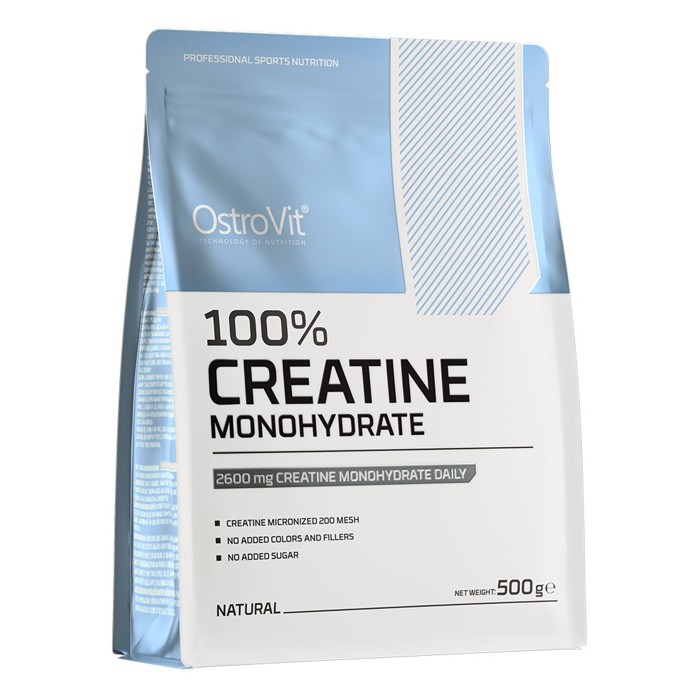 OstroVit 100% Creatine Monohydrate 500g natural unflavoured creatine powder supplement in a blue and white pouch, suitable for sports nutrition and muscle support.