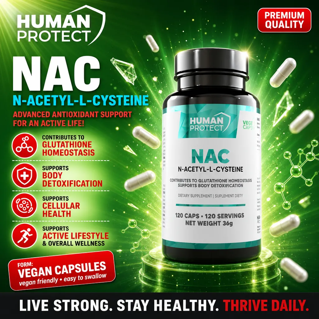 Human Protect NAC 200mg 120 Vege Caps bottle with label, white container and green accents, 120 vegetable capsules