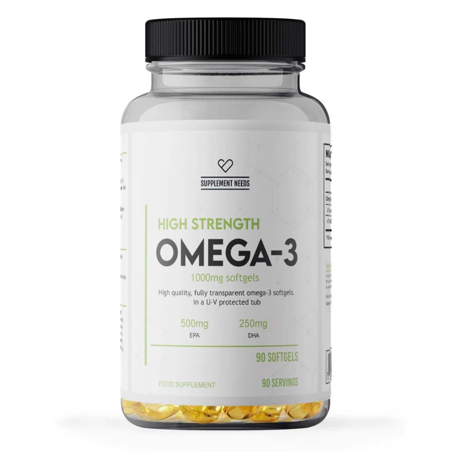 Supplement Needs Omega-3 high strength 1000mg softgels, 90-count bottle with EPA and DHA, transparent capsules in a clear tub.