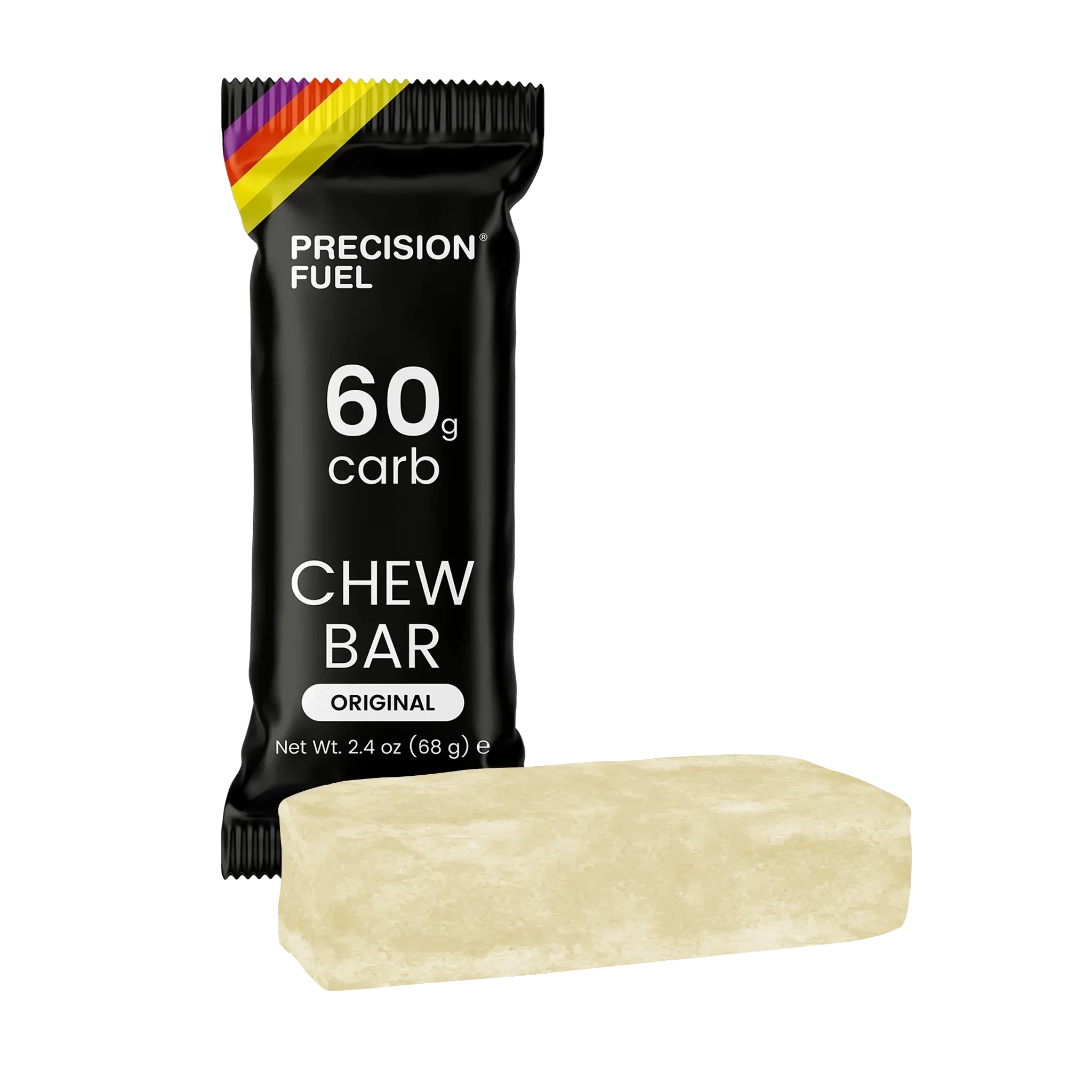 Precision Fuel Chew Bar 68g Original offers 60g carbohydrates per bar, ideal for endurance athletes seeking a high-energy, vegan-friendly chew in a neutral flavor.