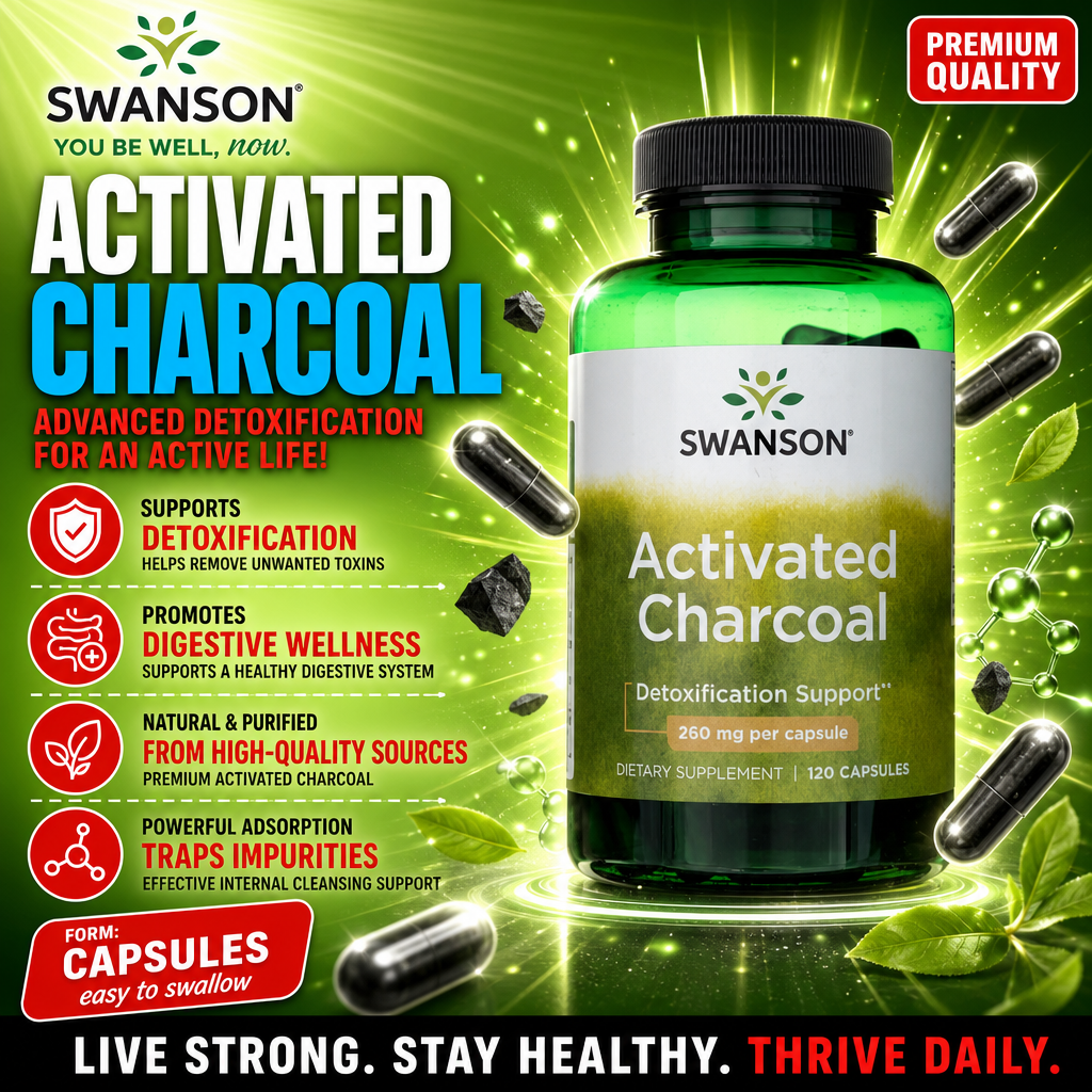 Swanson Activated Charcoal 260mg 120 capsules dietary supplement for detoxification support, shown in a green bottle with black capsules and vibrant green background.