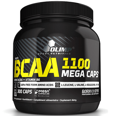 Olimp BCAA 1100 Mega Caps 300 caps amino acid supplement with vitamin B6, featuring L-leucine, L-valine, and L-isoleucine in capsule form, black and yellow packaging.