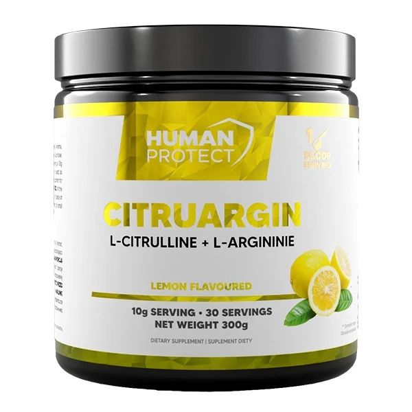 Human Protect CitruArgin lemon-flavoured L-citrulline and L-arginine dietary supplement, 300g powder with 30 servings.