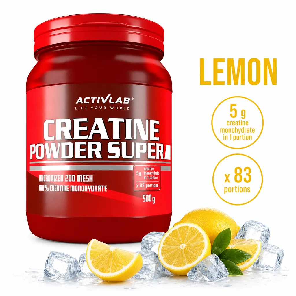 ActivLab Creatine Powder Super 500g lemon-flavoured creatine monohydrate powder in a red tub
