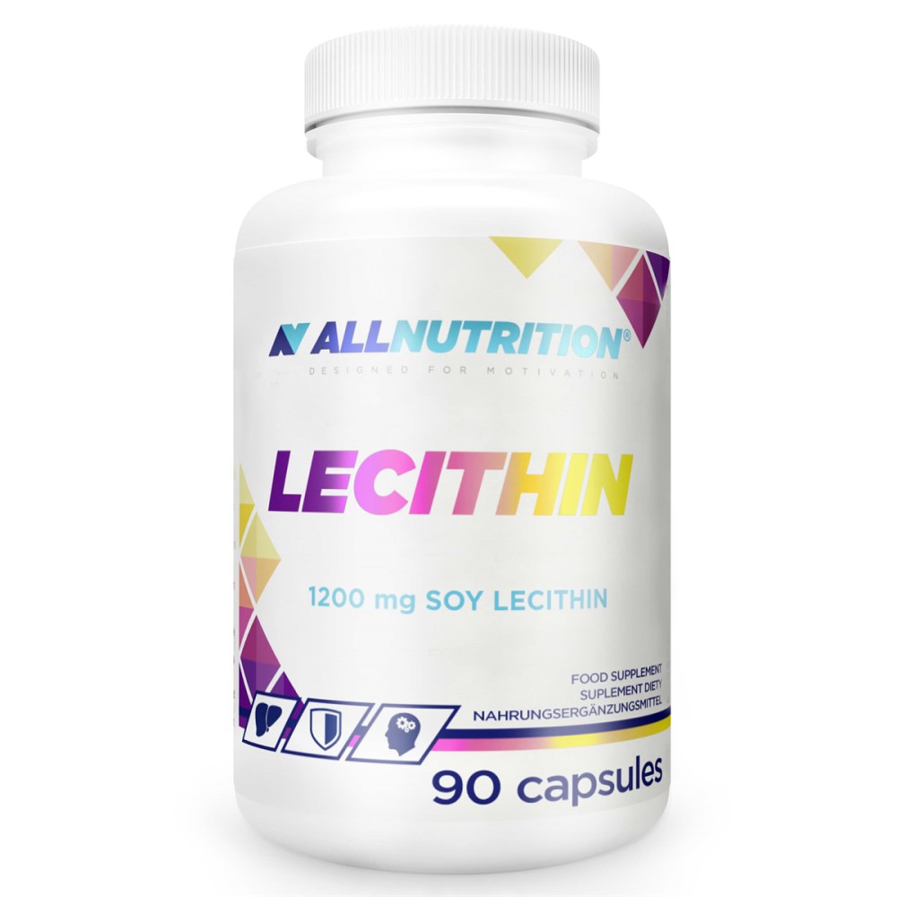 Allnutrition Lecithin 90 capsules soy lecithin food supplement with 1200 mg per capsule, in a white bottle with colorful geometric accents.