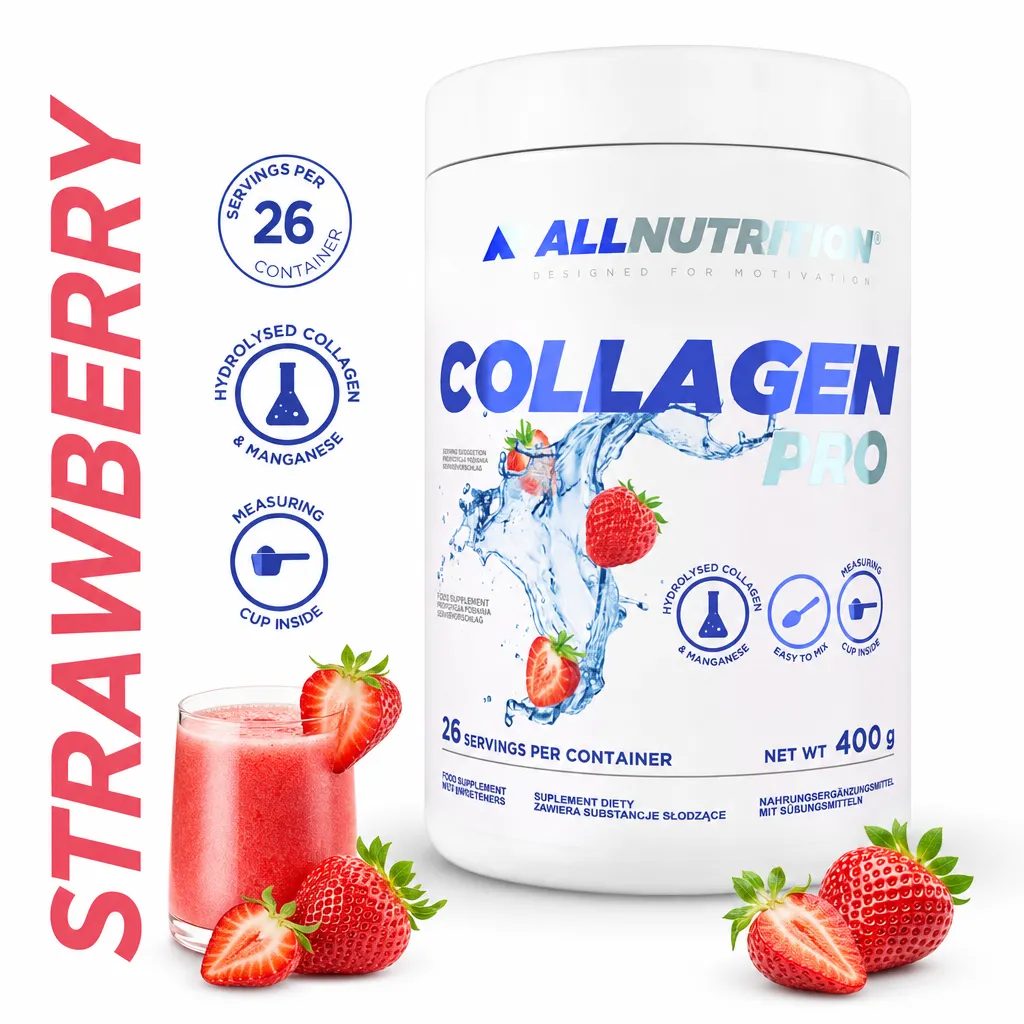 Allnutrition Collagen Pro 400g hydrolysed collagen powder supplement in peach and strawberry flavour, shown in a white tub