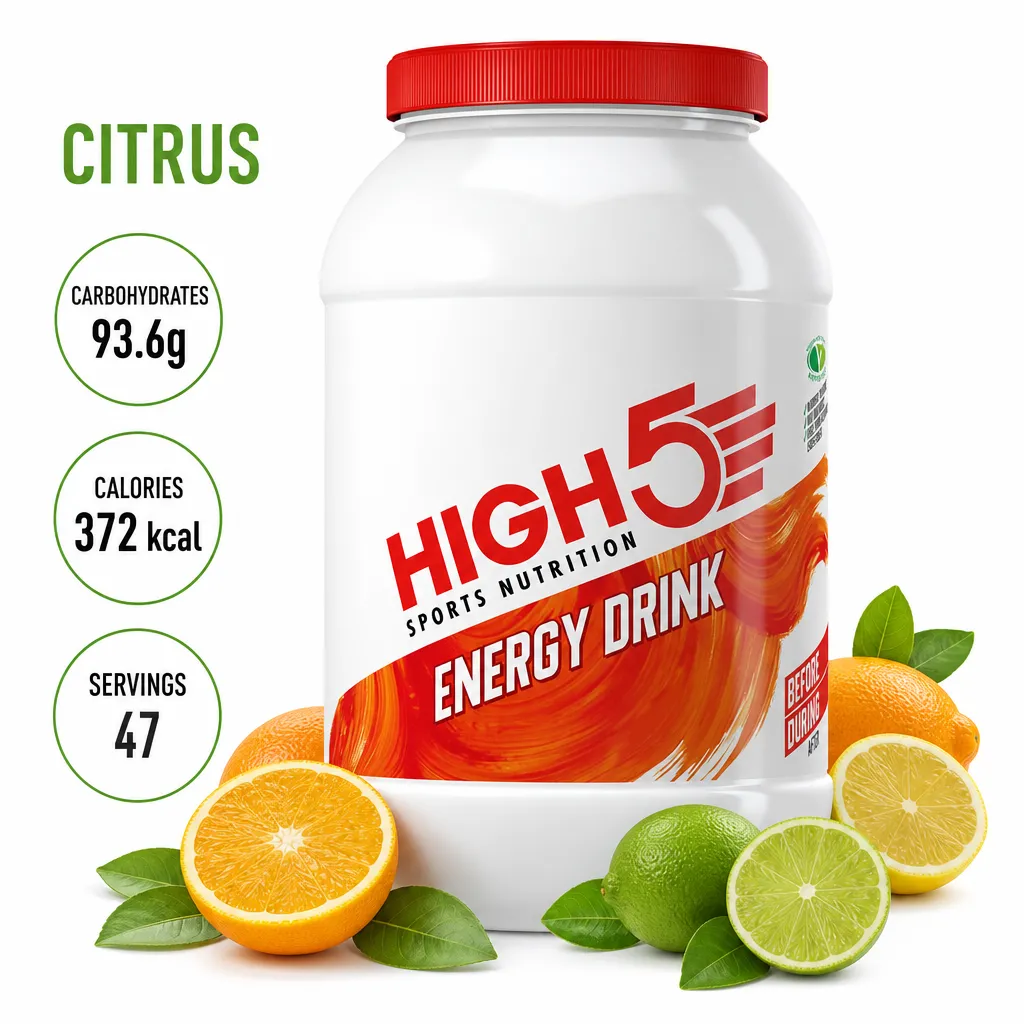 High5 Sports Nutrition Energy Drink 2200g citrus flavour, a large endurance energy drink powder with a 2:1 glucose-fructose ratio and electrolytes for hydration.