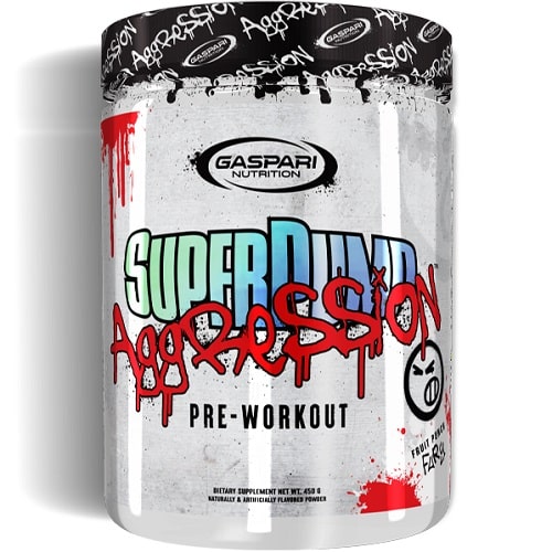Gaspari Nutrition SuperPump Aggression 450g pre-workout supplement with graffiti-style branding and a white, red, and black label.